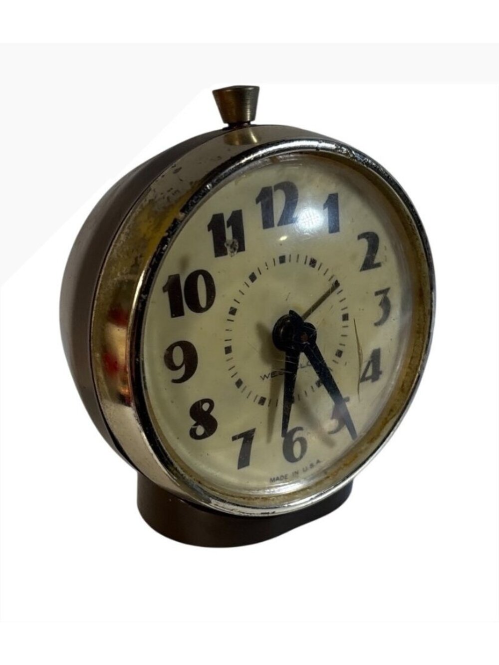 Westclox Alarm Clock Brown & Gold Metal Made In USA Retro Decor Bold Numbers Vtg